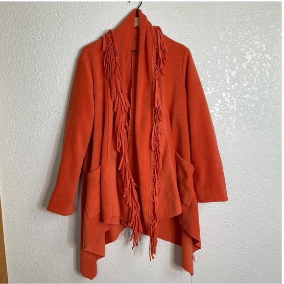 Oversized Open Front Fleece Cardigan with Fringe Long Sleeve Orange Sweater Cape - Picture 2 of 6